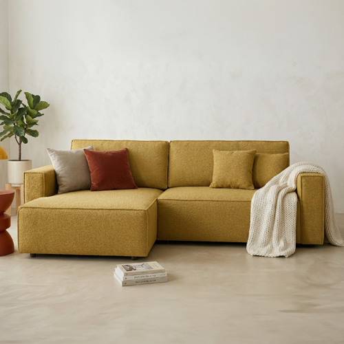 Canapé d'angle à gauche convertible 3 places en tissu bouclé jaune moutarde - Asti