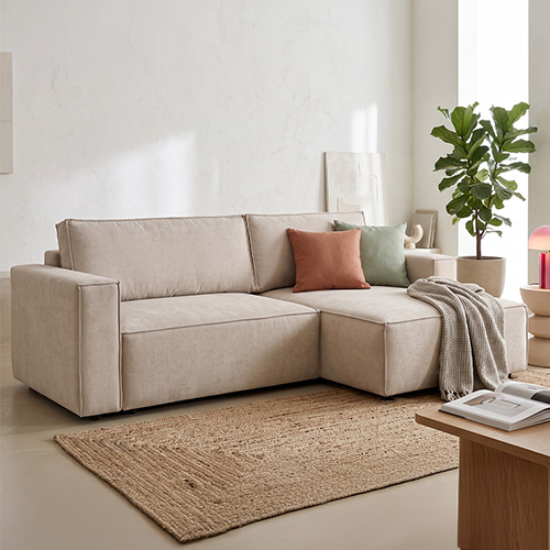 Canapé d'angle à droite convertible 3 places en tissu chenille taupe - Asti
