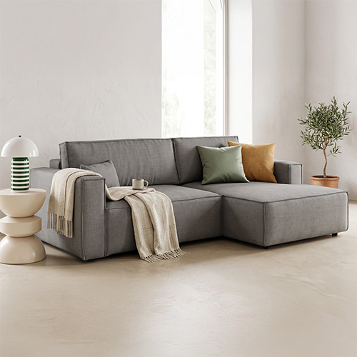 Canapé d'angle à droite convertible 3 places en tissu chenille gris - Asti