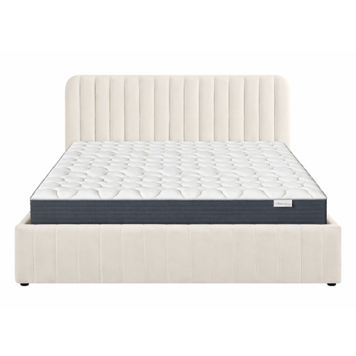 Ensemble Lit coffre adulte 140x190cm avec tête de lit en velours beige - Ava + Matelas mémoire de forme - Memo HR