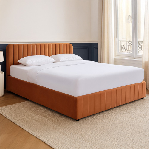 Ensemble Lit coffre adulte 140x190cm avec tête de lit en velours terracotta - Ava + Matelas mémoire de forme - Memo HR