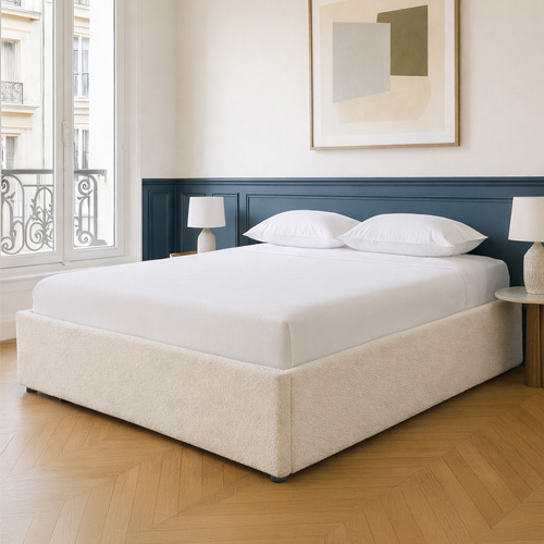 Ensemble Lit coffre adulte 140x190cm en tissu bouclé beige avec sommier - Handy + Matelas mémoire de forme - Memo HR