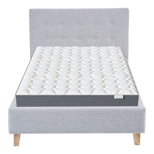 Ensemble Lit adulte 90x190cm avec tête de lit en tissu gris chiné - Milo + Matelas mémoire de forme - Memo HR