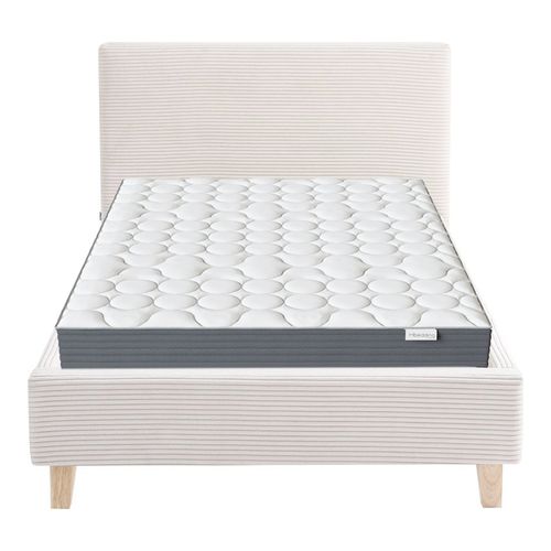 Ensemble Lit adulte 90x190cm avec tête de lit en velours côtelé beige - Milo + Matelas mémoire de forme - Memo HR