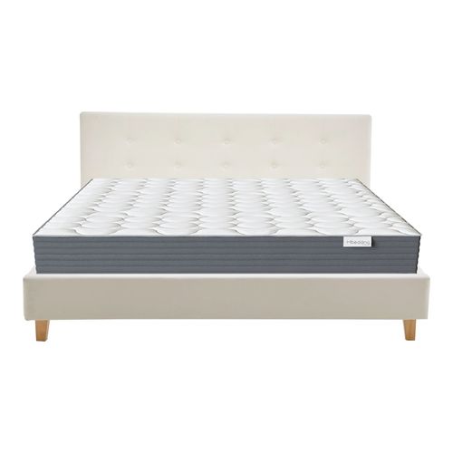 Ensemble Lit adulte 140x190cm avec tête de lit en velours beige - Milo + Matelas mémoire de forme - Memo HR