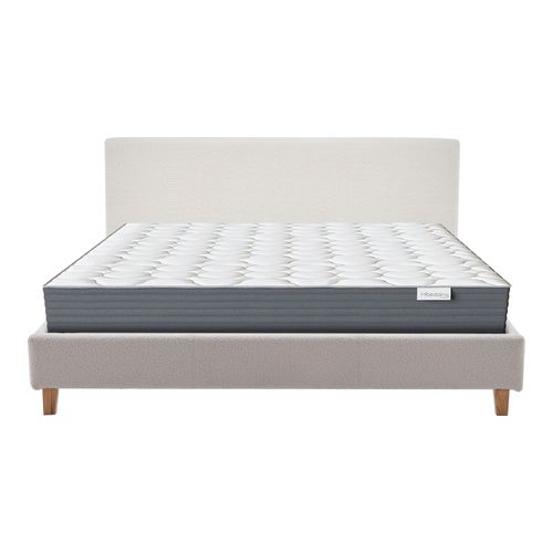 Ensemble Lit adulte 140x190cm avec tête de lit en tissu bouclé beige - Milo + Matelas mémoire de forme - Memo HR