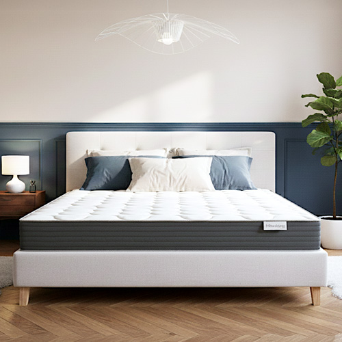 Ensemble Lit adulte 160x200cm avec tête de lit en tissu beige - Milo + Matelas mémoire de forme - Memo HR