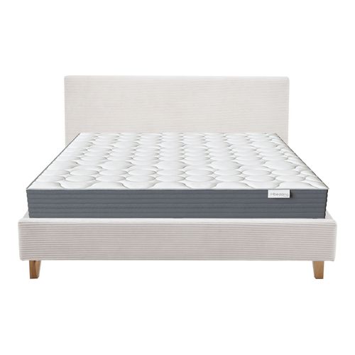 Ensemble Lit adulte 160x200cm avec tête de lit en velours côtelé vert kaki - Milo + Matelas mémoire de forme - Memo HR