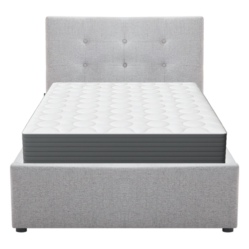 Ensemble Lit coffre adulte 90x190cm avec tête de lit en tissu gris - Tina + Matelas mémoire de forme - Memo HR