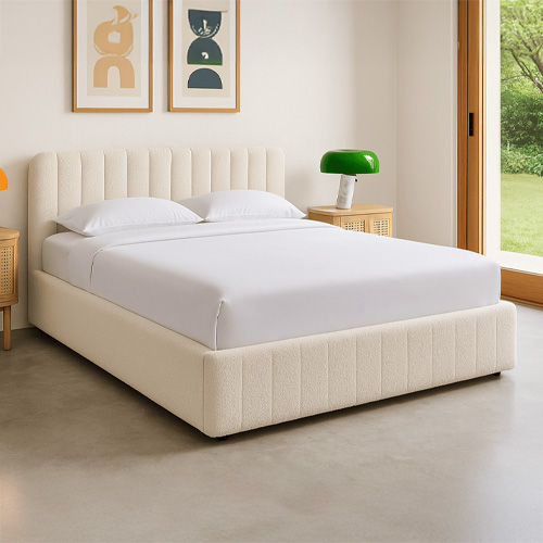 Ensemble Lit coffre adulte 160x200cm avec tête de lit en tissu bouclé beige - Ava + Matelas ressorts ensachés - Spring Elite