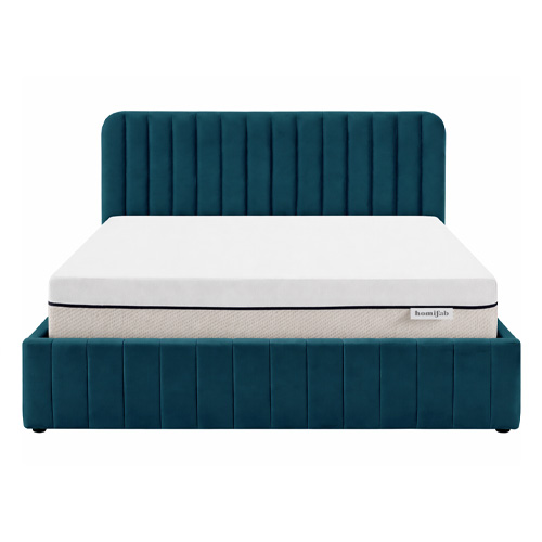 Ensemble Lit coffre adulte 160x200cm avec tête de lit en velours bleu - Ava + Matelas ressorts ensachés - Spring Elite