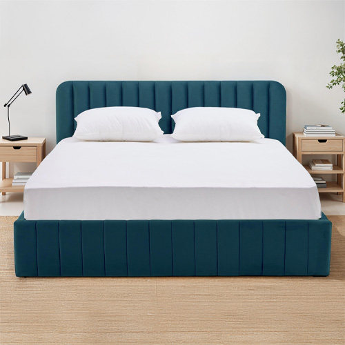 Ensemble Lit coffre adulte 160x200cm avec tête de lit en velours bleu - Ava + Matelas ressorts ensachés - Spring Elite