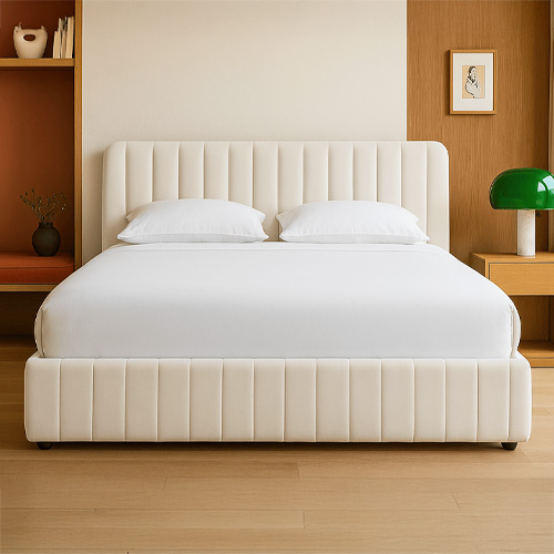 Ensemble Lit coffre adulte 180x200cm avec tête de lit en velours beige - Ava + Matelas ressorts ensachés - Spring Elite