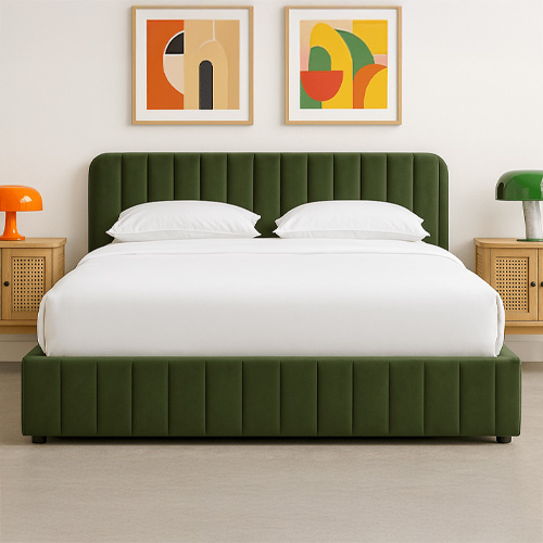 Ensemble Lit coffre adulte 180x200cm avec tête de lit en velours vert kaki - Ava + Matelas ressorts ensachés - Spring Elite