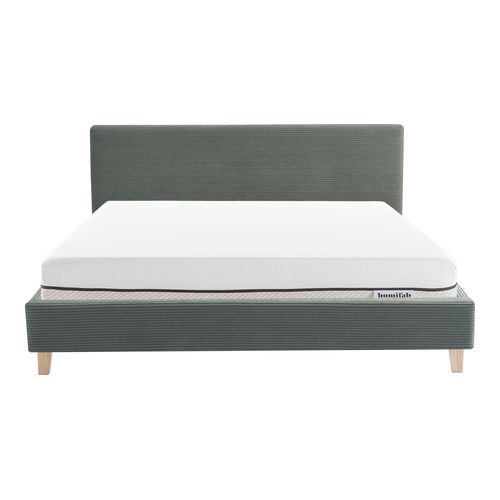 Ensemble Lit adulte 140x190cm avec tête de lit en velours côtelé vert kaki - Milo + Matelas ressorts ensachés - Spring Elite