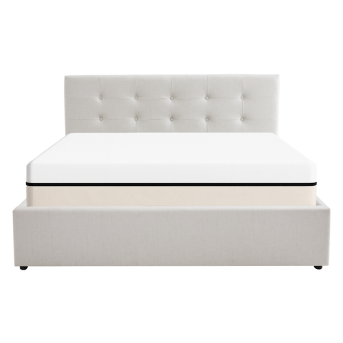 Ensemble Lit coffre adulte 160x200cm avec tête de lit en tissu beige - Tina + Matelas ressorts ensachés - Spring Elite