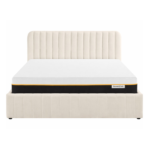 Ensemble Lit coffre adulte 140x190cm avec tête de lit en velours beige - Ava + Matelas mémoire de forme - Dual Confort