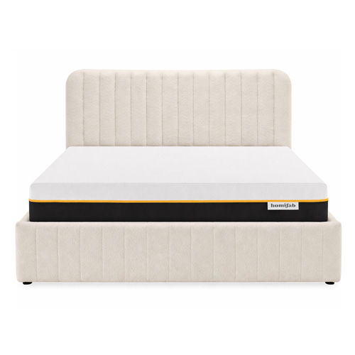 Ensemble Lit coffre adulte 160x200cm avec tête de lit en tissu bouclé beige - Ava + Matelas mémoire de forme - Dual Confort