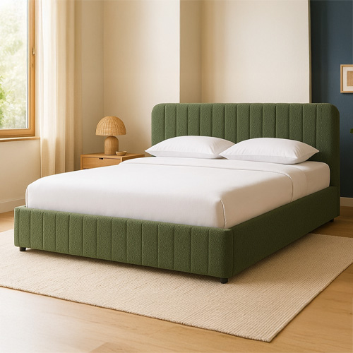 Ensemble Lit coffre adulte 160x200cm avec tête de lit en tissu bouclé vert - Ava + Matelas mémoire de forme - Dual Confort