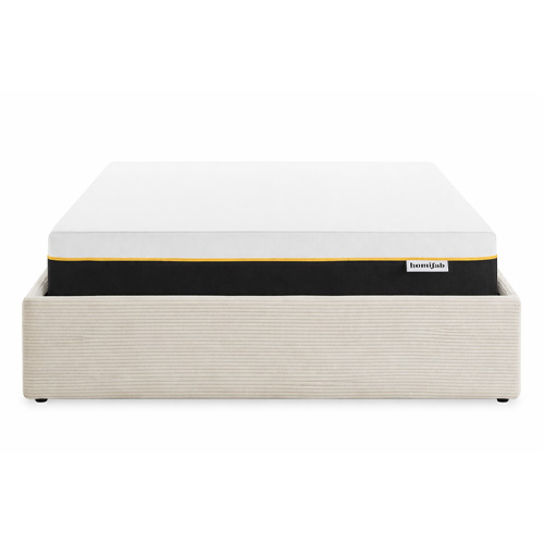 Ensemble Lit coffre adulte 140x190cm en velours côtelé beige avec sommier - Handy + Matelas mémoire de forme - Dual Confort