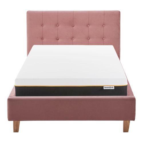 Ensemble Lit adulte 90x190cm avec tête de lit en velours vieux rose - Milo + Matelas mémoire de forme - Dual Confort