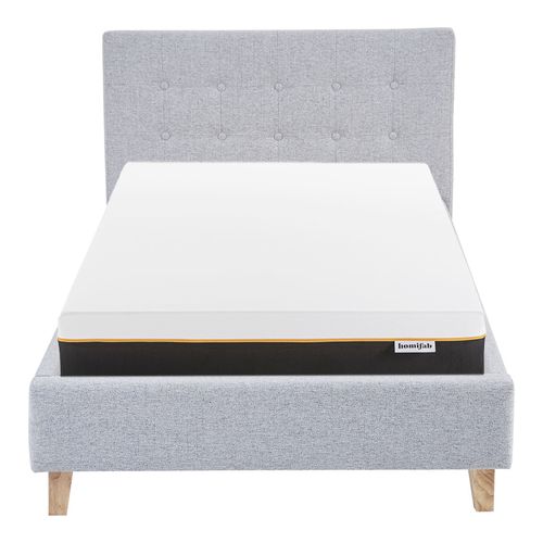 Ensemble Lit adulte 90x190cm avec tête de lit en tissu gris chiné - Milo + Matelas mémoire de forme - Dual Confort