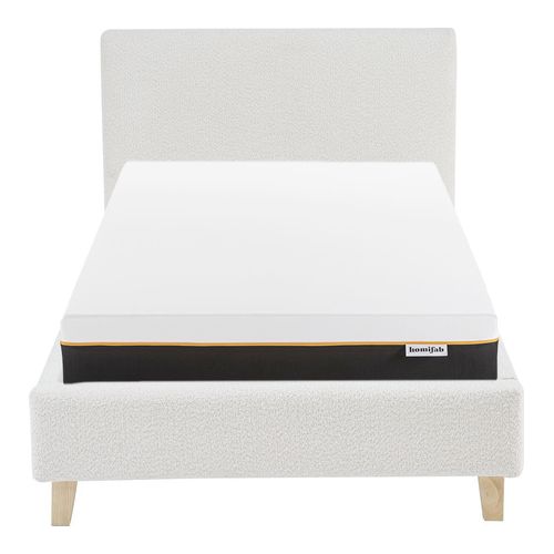 Ensemble Lit adulte 90x190cm avec tête de lit en tissu bouclé beige - Milo + Matelas mémoire de forme - Dual Confort