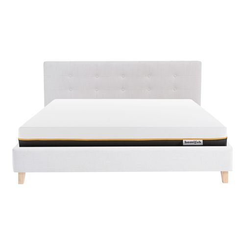 Ensemble Lit adulte 140x190cm avec tête de lit en tissu beige - Milo + Matelas mémoire de forme - Dual Confort