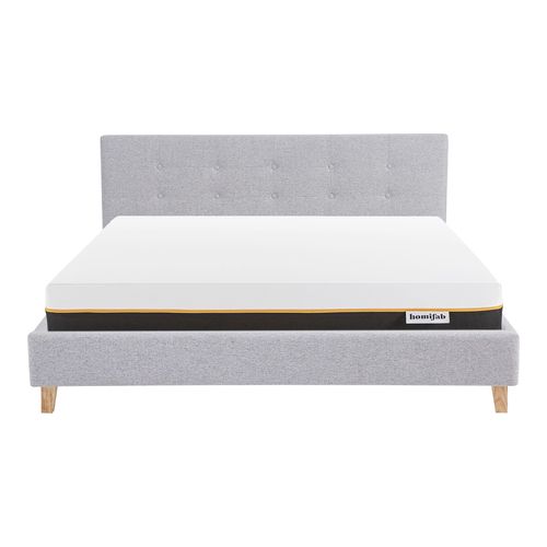 Ensemble Lit adulte 140x190cm avec tête de lit en tissu gris chiné - Milo + Matelas mémoire de forme - Dual Confort