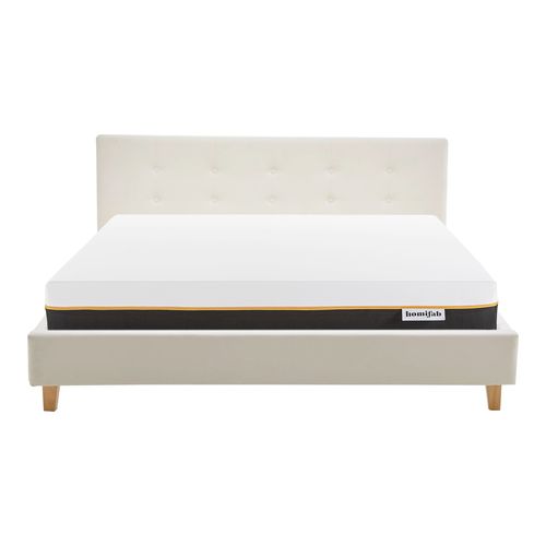 Ensemble Lit adulte 140x190cm avec tête de lit en velours côtelé beige - Milo + Matelas mémoire de forme - Dual Confort