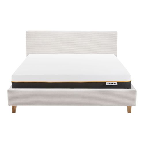 Ensemble Lit adulte 160x200cm avec tête de lit en velours côtelé beige - Milo + Matelas mémoire de forme - Dual Confort