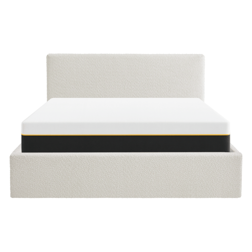 Ensemble Lit coffre adulte 160x200cm avec tête de lit en tissu bouclé beige - Tina + Matelas mémoire de forme - Dual Confort