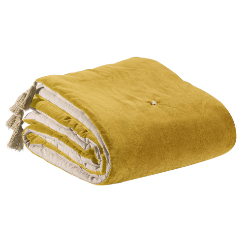 Edredon en velours Jaune avec pompons 80x180 cm - Elise