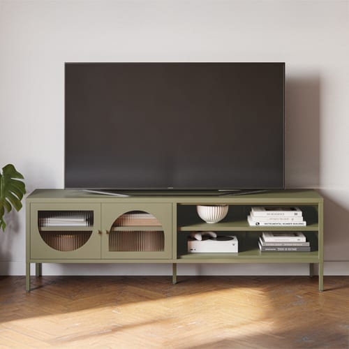 Meuble TV 2 portes 2 niches en métal vert 160 cm - Ysia