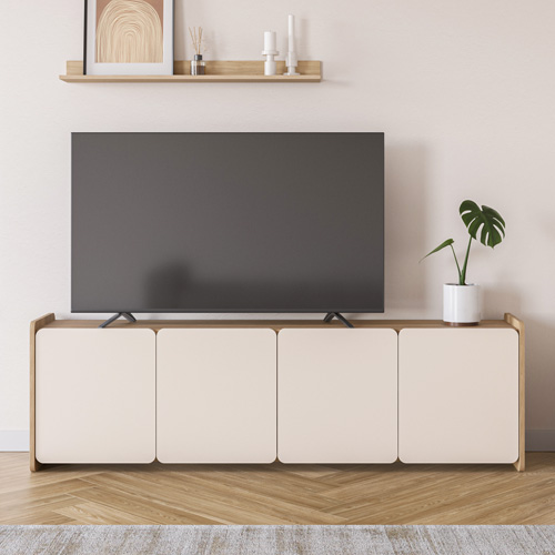 Meuble TV 4 portes beige et décor chêne 180 cm - Sami