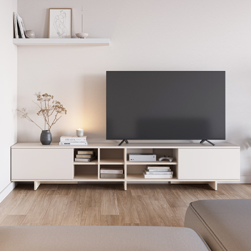 Meuble TV 2 portes beige et décor chêne clair 230 cm - Alicia
