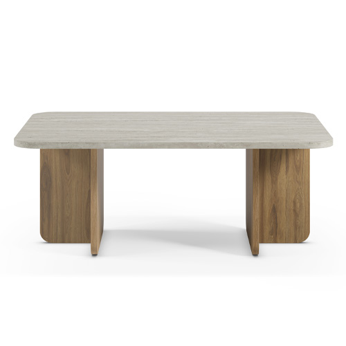 Table basse décor travertin et piètement couleur chêne 100 cm - Mina