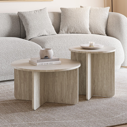Set de 2 tables basses rondes décor travertin - Mina