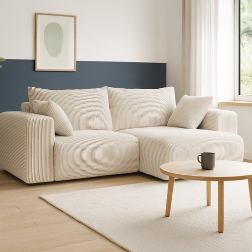 Canapé d'angle convertible réversible 4 places en velours côtelé beige - Amara