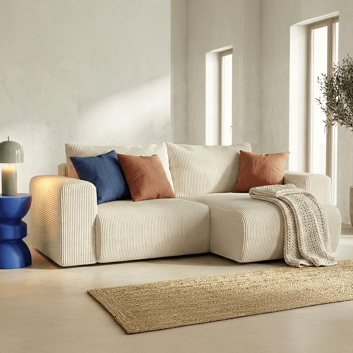 Canapé d'angle convertible réversible 4 places en velours côtelé beige - Amara