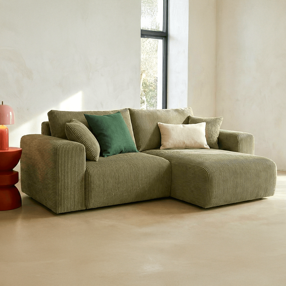 Canapé d'angle convertible réversible 4 places en velours côtelé vert kaki - Amara