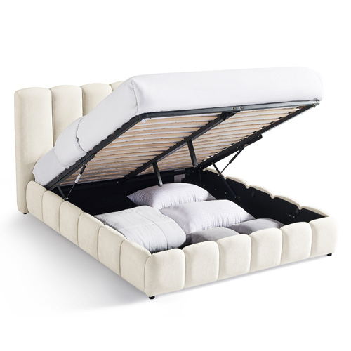 Lit coffre adulte 160x200 cm avec tête de lit capitonnée en tissu chenille beige - Nils