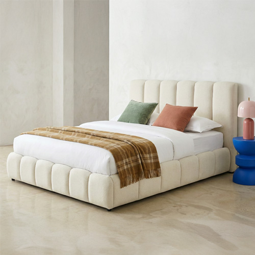 Lit coffre adulte 160x200 cm avec tête de lit capitonnée en tissu chenille beige - Nils