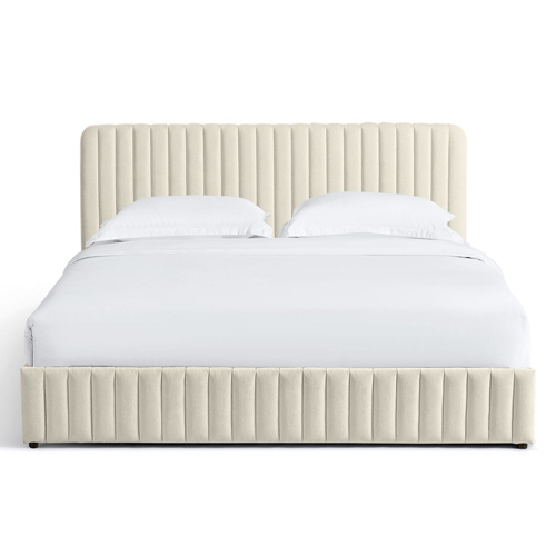 Lit coffre adulte 140x190 cm avec tête de lit capitonnée en tissu chenille beige - Alto