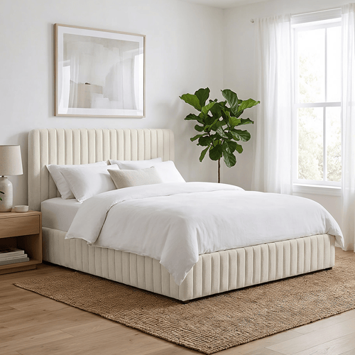 Lit coffre adulte 160x200 cm avec tête de lit capitonnée en tissu chenille beige - Alto