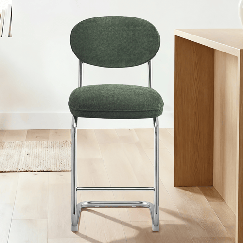 Lot de 2 tabourets de bar en tissu chenille vert, piètement chromé - Lou