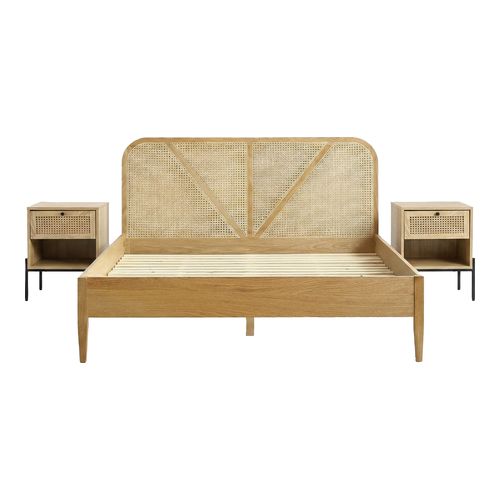 Ensemble Lit adulte 160x200 cm en bois avec tête de lit en bois massif et cannage Leonie + lot de 2 chevets Iris