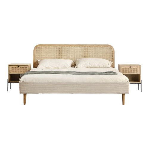 Ensemble Lit adulte 140x190 cm en velours côtelé beige avec tête de lit en cannage Dalia + lot de 2 chevets Iris