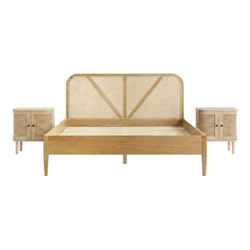 Ensemble Lit adulte 160x200 cm en bois avec tête de lit en bois massif et cannage Leonie + lot de 2 chevets Bali