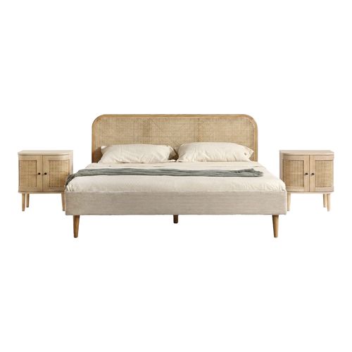 Ensemble Lit adulte 160x200 cm en velours côtelé beige avec tête de lit en cannage Dalia + lot de 2 chevets Bali